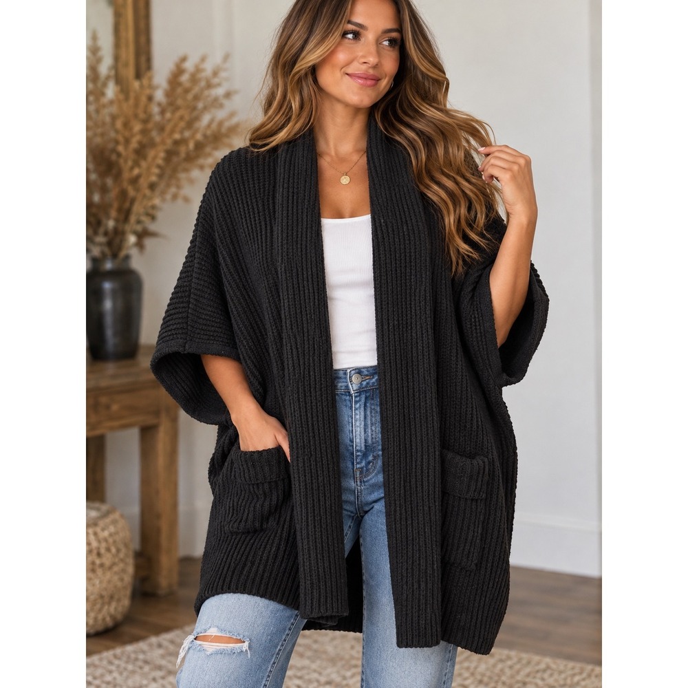 Aerie Black Oversized Rib Knit Cardigan Sweater Open Front Pockets L/XL